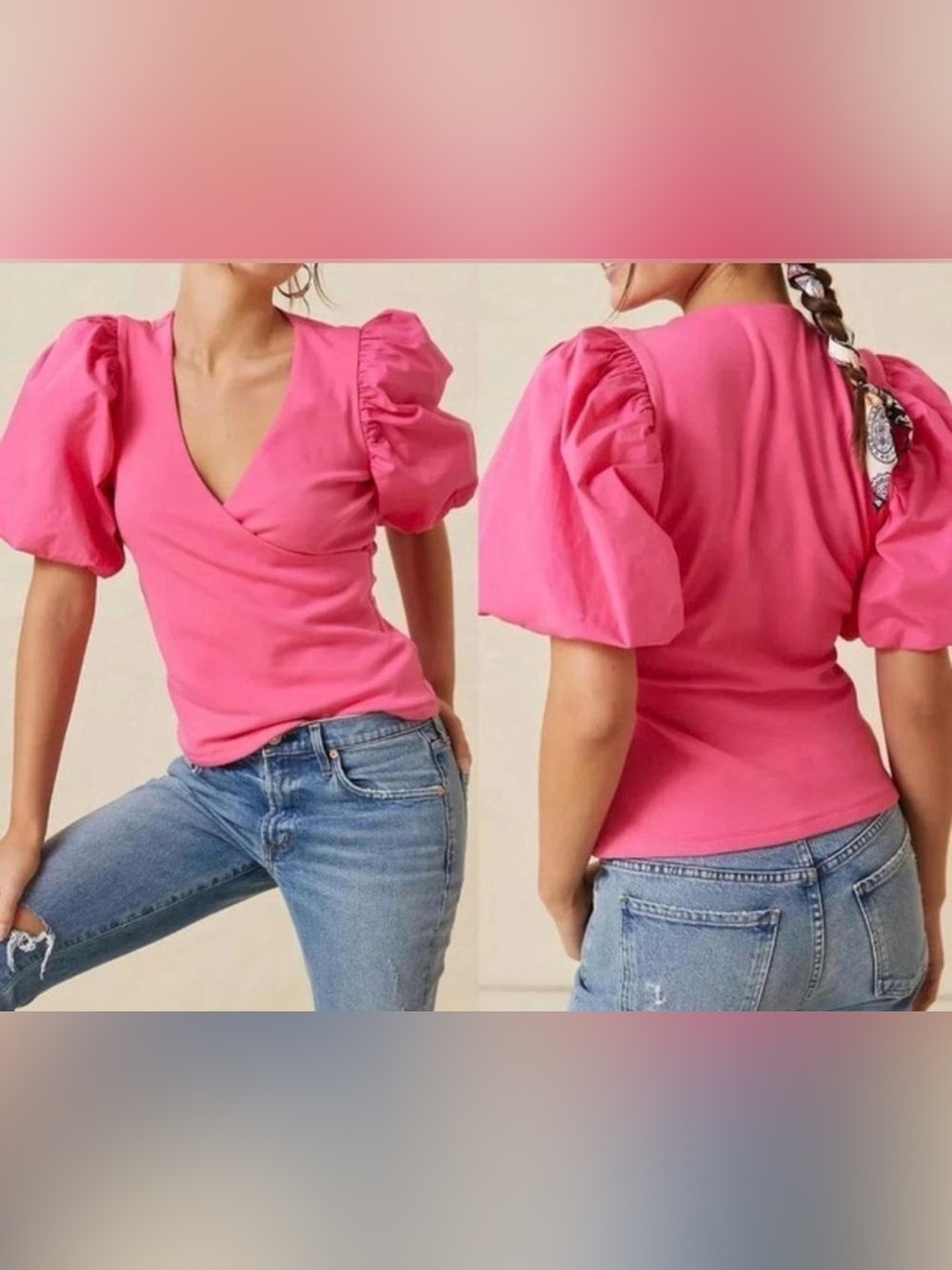 Maeve Pink Puff Sleeve Wrap Top Size Large Like New